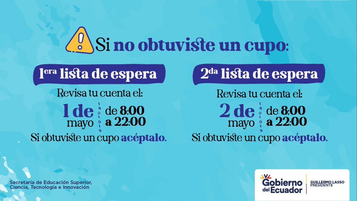 EduSuperiorEc's tweet photo. ¿Rendiste tu evaluación en una Universidad con proceso de admisión propio?

👉 Si obtuviste un cupo matricúlate en la institución seleccionada.
👉 Si no lo obtuviste, ingresa nuevamente a la plataforma para verificar si un cupo no aceptado por otro aspirante te fue adjudicado. https://t.co/GaUXn4BKhp