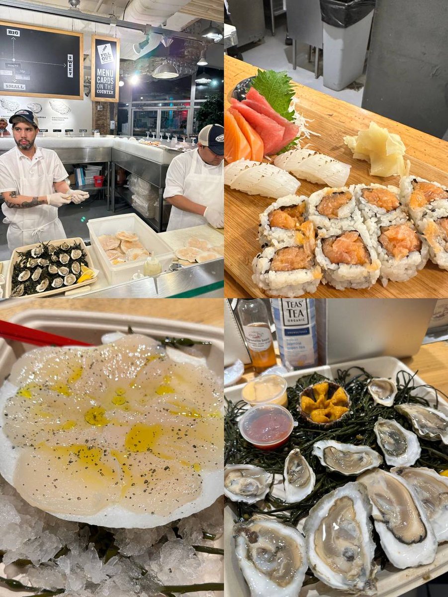 info_eri's tweet photo. 🦪 sweet oysters were great, fresh and tasty fatty
🍣Tuna was fantastic, each fatty piece was cut into 8 pieces, very generous.
🌮takumi burrito was very Japanese with beef curry and spicy tuna, a bit of a surprise the first time I had it. 
A great afternoon! https://t.co/4DOlTovEga