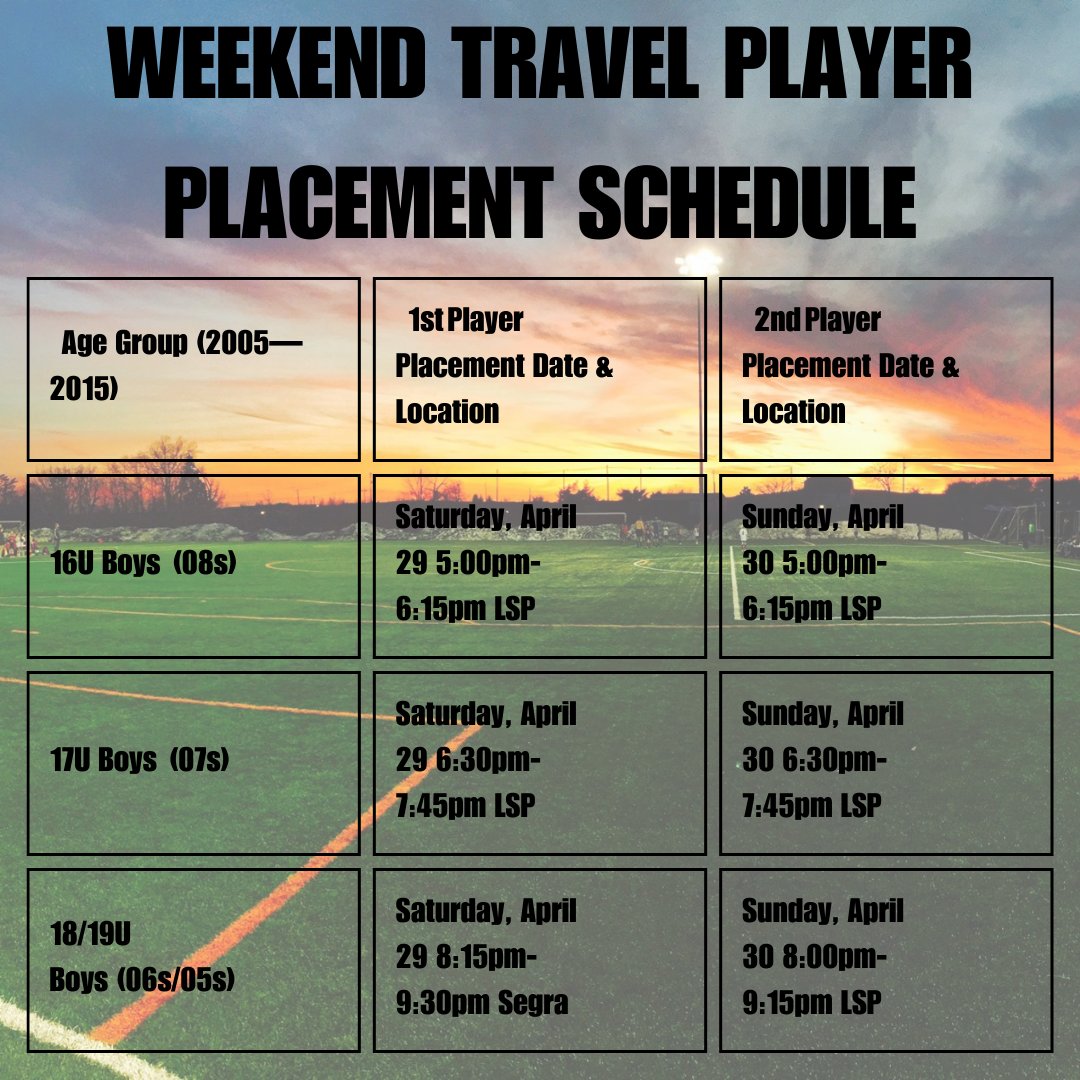 Travel Player Placement schedule for this weekend! Check the link for the full schedule this season.

Full Schedule: loom.ly/hwopa88
