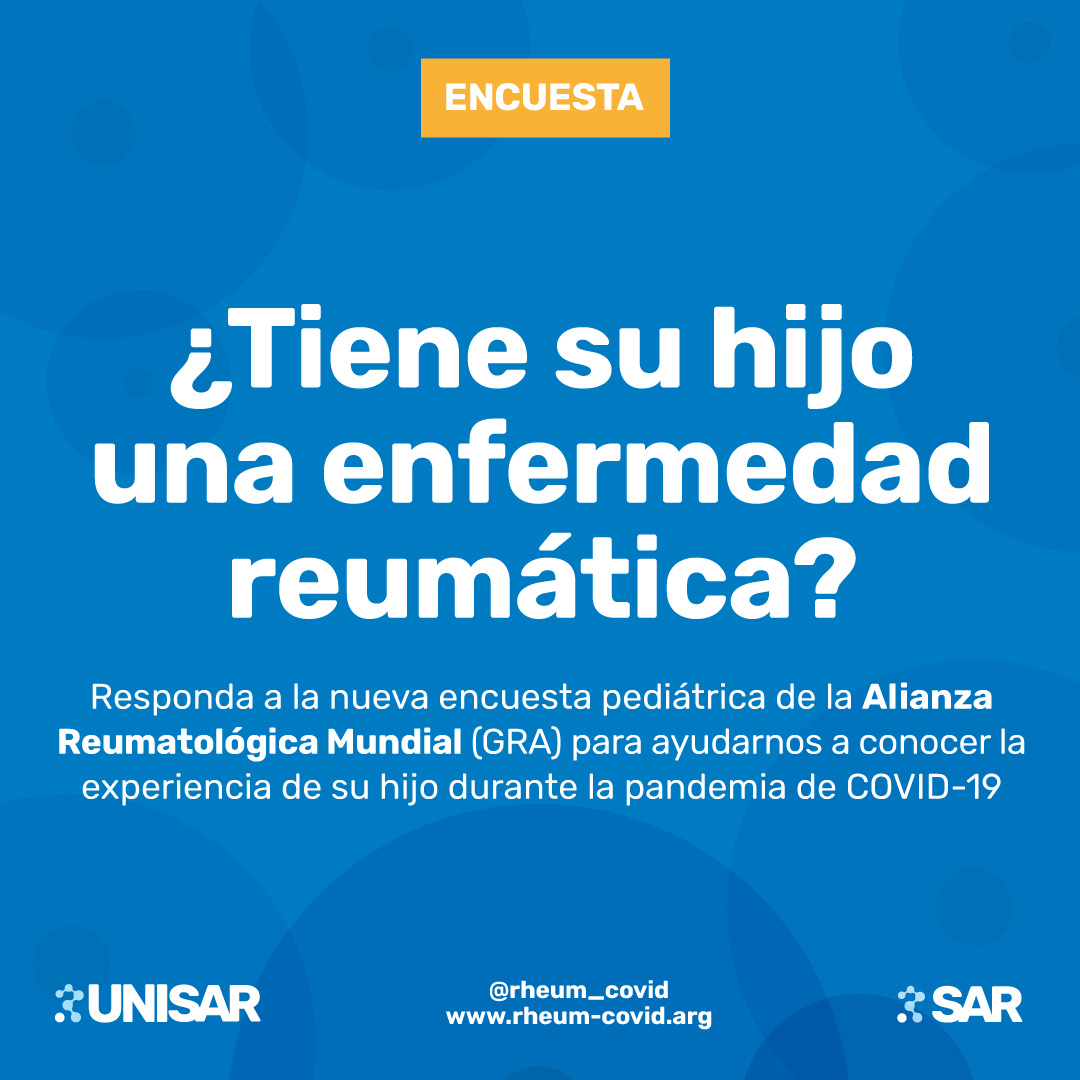 La Sociedad Argentina de Reumatología, en colaboración con los investigadores del registro COVID-Pediátrico, te invitan a participar en una importante encuesta diseñada por la Alianza Reumatológica Mundial (GRA) COVID-19.

Link a la encuesta: rheum-covid.org/pediatric-surv…