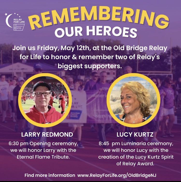 The <a href="/OldBridgeRelay/">Old Bridge Relay For Life</a> is in 2 wks &amp; will remember 2 amazing people.Larry &amp; his wife Karen founded the OB Relay. Lucy &amp; I were cochairs together, her phrase “I know someone” &amp; was dedicated to serving others. Please attend &amp; give to end this terrible disease. relayforlife.org/oldbridgenj