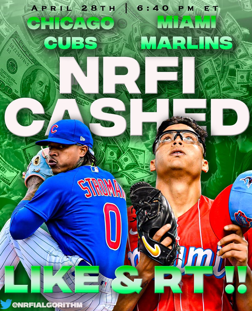 NRFIalgorithm's tweet photo. FREE NRFI PLAY BANGGG✅💰95+ graded plays move to 9-0‼️😳

•Cubs vs Marlins NRFI: CASHED🙌🏻
•Since ALGO update: 5-2, 71.42%🔥

🚨ALL I ASK for these: Just LIKE &amp; RT if you enjoy free plays🙏THANK YOU. https://t.co/7nio7ziFf6