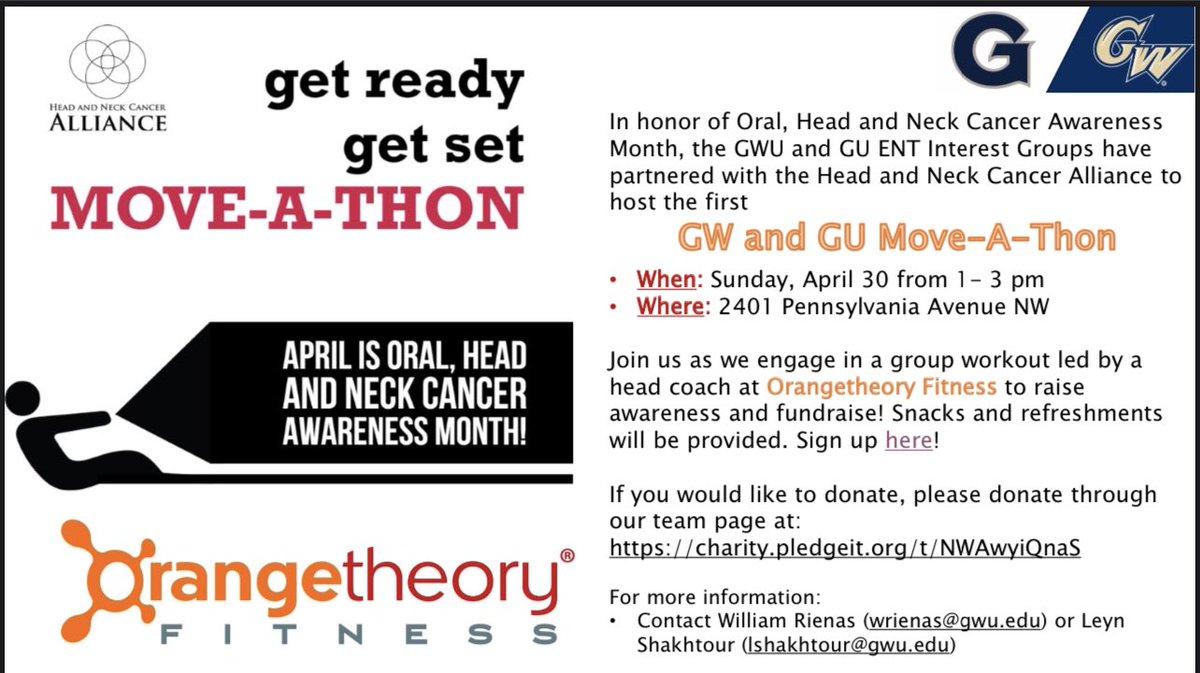 Come move with us at the first GW and GU Move-A-Thon at Orangetheory this Sunday from 1-3 PM. Help us raise awareness and fundraise for head and neck cancer awareness. <a href="/hncalliance/">Head and Neck Cancer Alliance</a> <a href="/gw_otohns/">GW OTOHNS</a> <a href="/georgetownOTO/">Georgetown Otolaryngology</a> 

Sign up: docs.google.com/forms/d/e/1FAI…