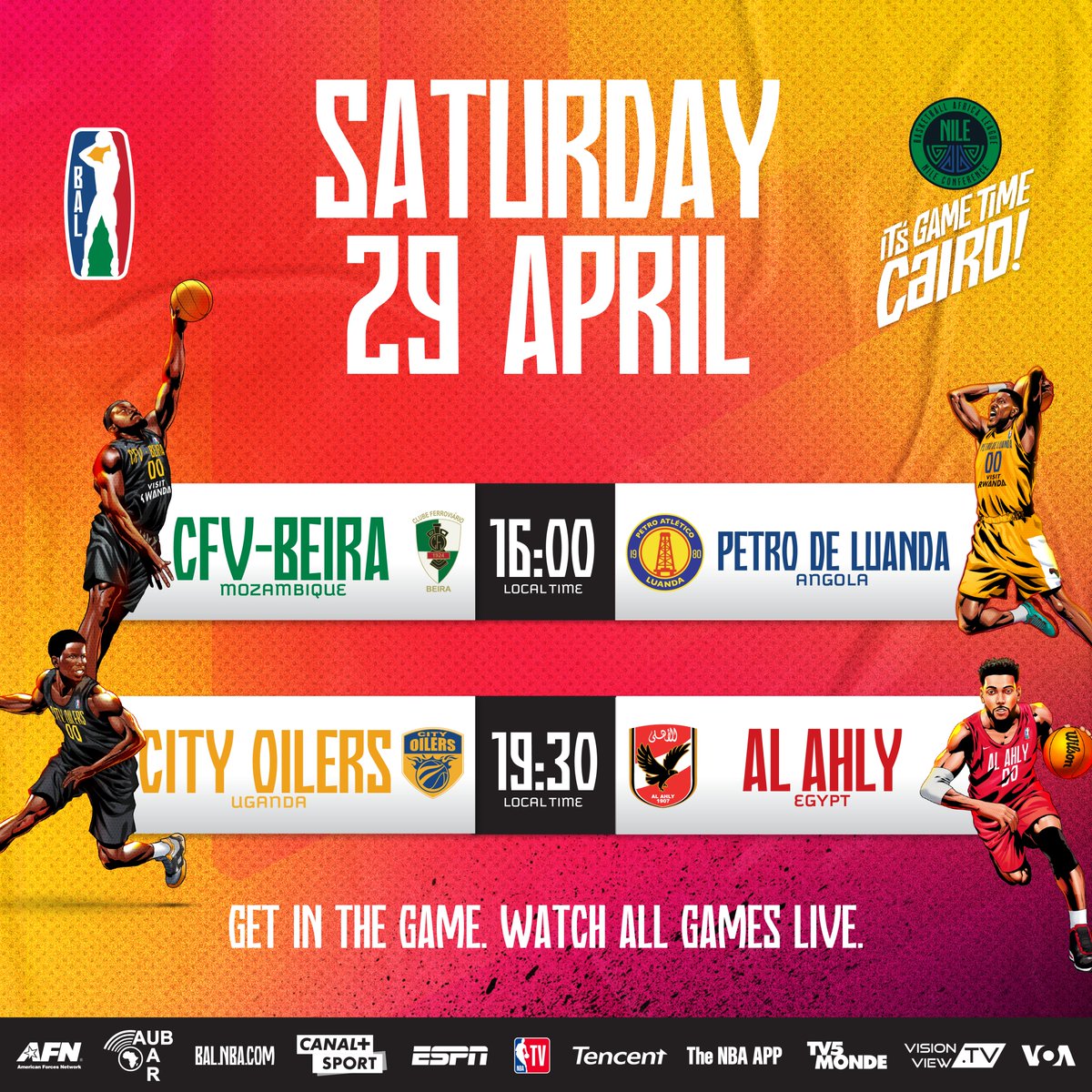 It's Game time! Watch the Games today at Hassan Mostafa indoor Sports Complex. @cfvbeira vs @petro_de_luanda - 4PM Cairo Time. @CityOilers vs @Ahly_Basketball - 7:30PM Cairo Time. Doors open at 2PM. Watch all games live! Find out more at bal.nba.com #TheBAL