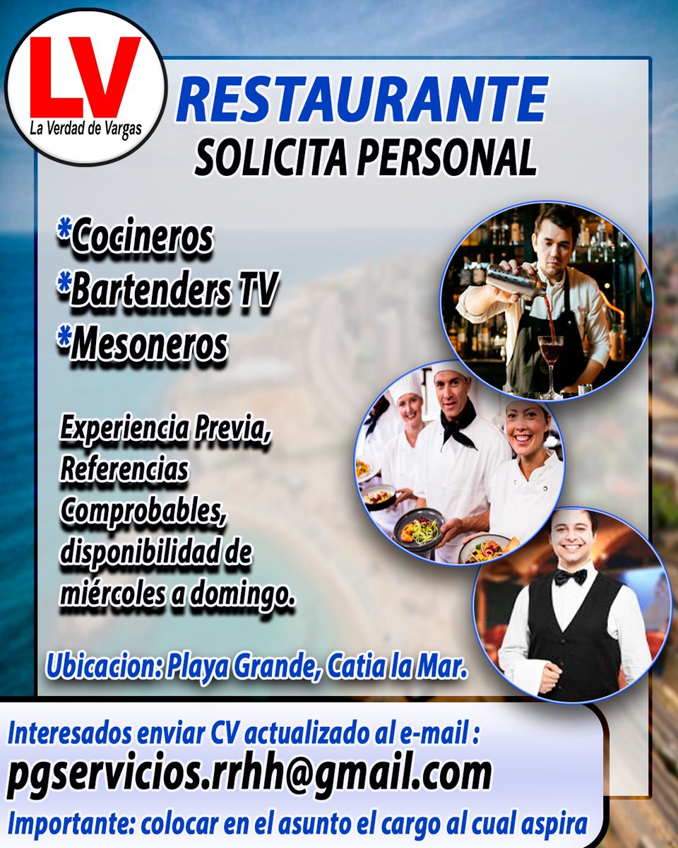 LaVerdadVargas's tweet photo. *** SE SOLICITA PERSONAL ***
.
Experiencia Previa
Referencias Comprobables
Disponibilidad de miércoles a domingo

Interesados enviar síntesis curricular actualizado al correo pgservicios.rrhh@gmail.com

#Publivargas2023 #empleos #talentuhumano #cocineros #mesoneros #bartenders https://t.co/XCVMxV36ZE