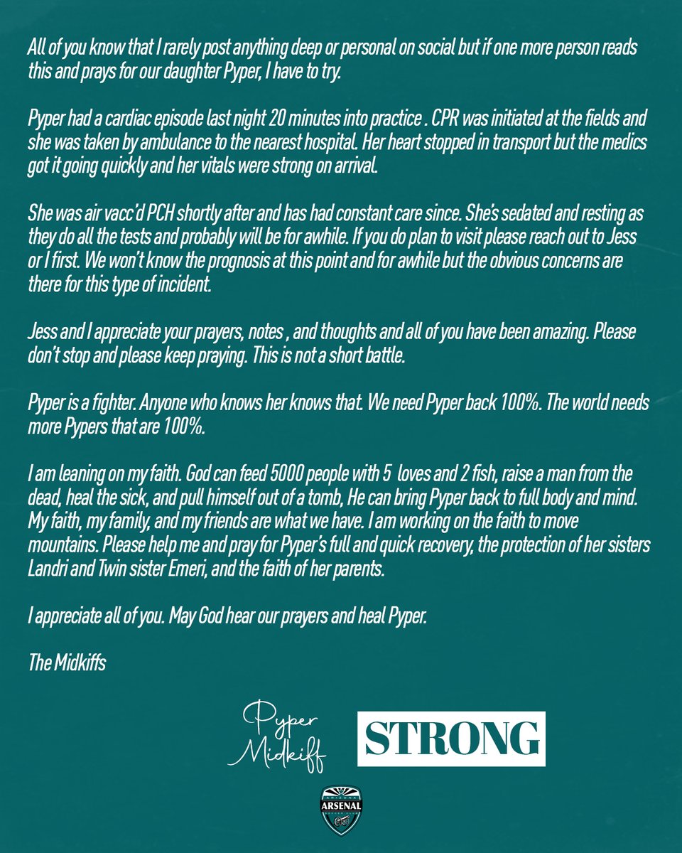 AZArsenalSC's tweet photo. Thoughts &amp; Prayers go out to Pyper Midkiff and the Midkiff Family at this time

Thank you to everyone that has reached out to show support

A gofundme account has been set up to help the player &amp; family:

https://t.co/0GQP162PXf

@ECNLgirls @ECNLboys @adidas @ImCollegeSoccer https://t.co/MxUzuI4qDu