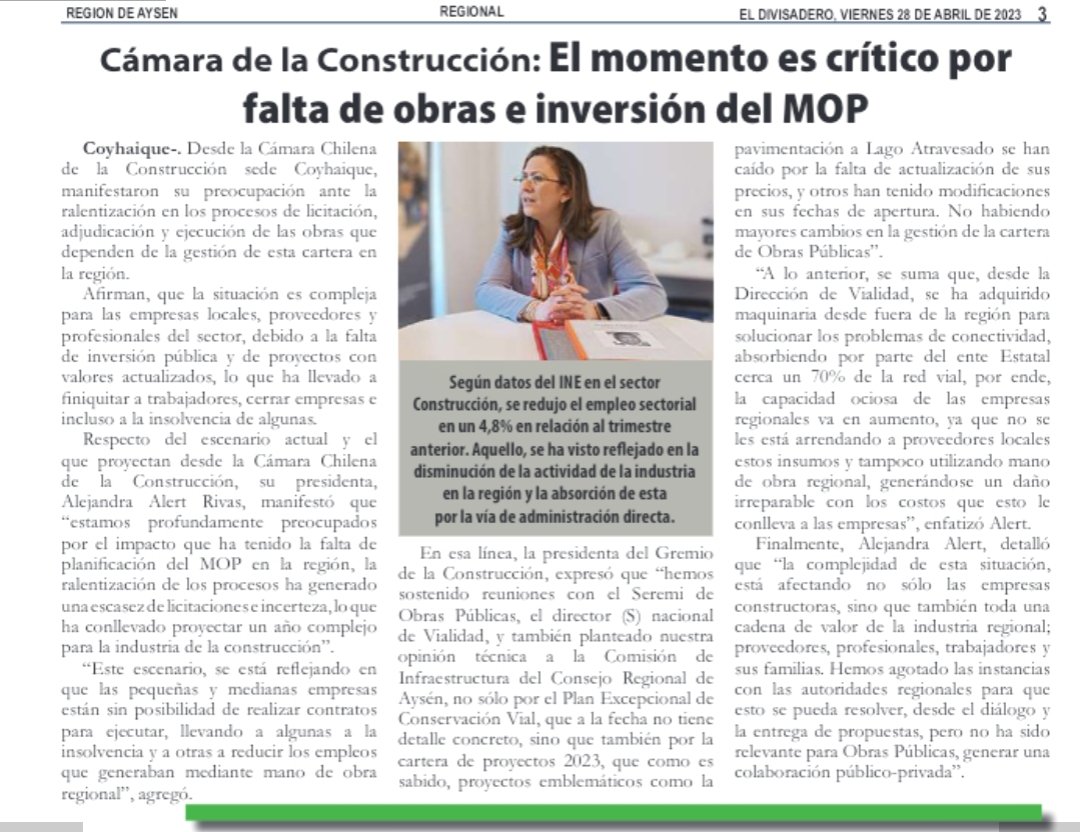 CChCCoyhaique's tweet photo. Cámara de la Construcción: "El momento es crítico por falta de obras e inversión del MOP"
 https://t.co/yzEHX3bLum #eldivisadero vía @ddivisadero #Coyhaique #Aysen #Patagonia #CChC https://t.co/e1c6aCJtNX