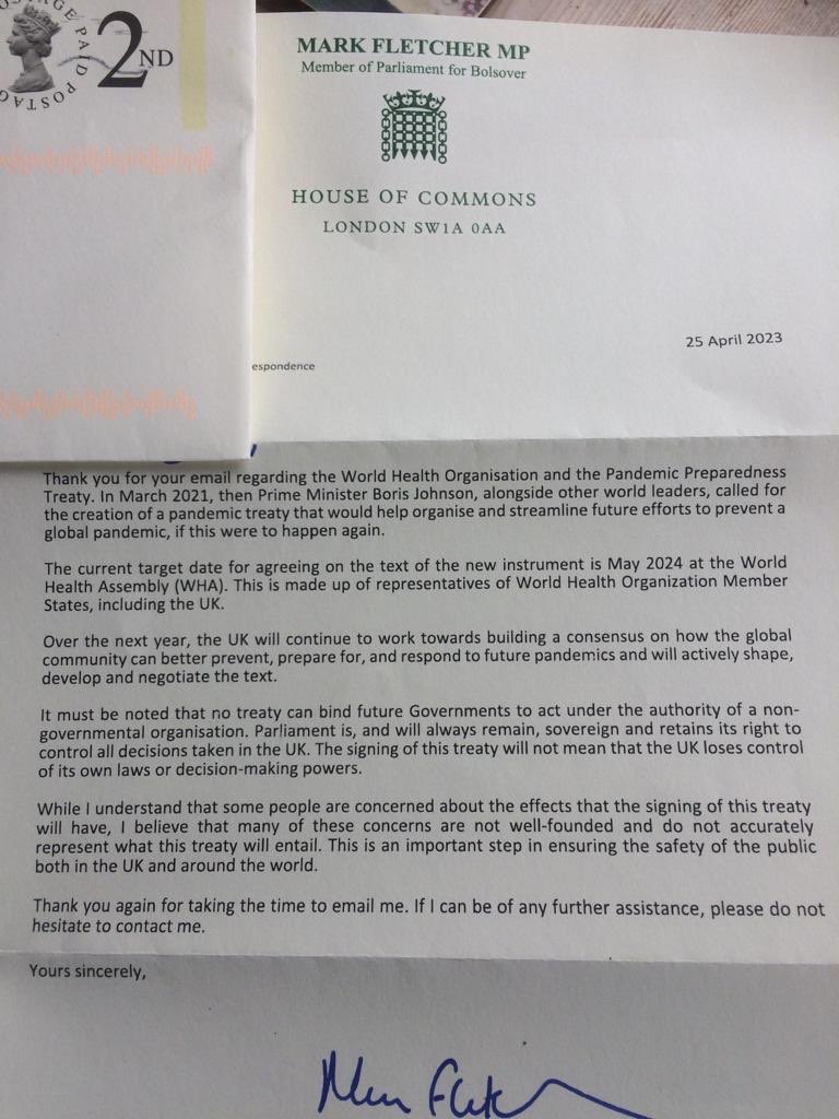 Resist_05's tweet photo. UK has admitted it will be signing the World Health Organization’s, Pandemic Treaty. A letter from sitting member Mark Fletcher MP states they will sign the agreement as early as next month. Officially handing UK sovereignty to the unelected WHO. https://t.co/cW4d4528zH
