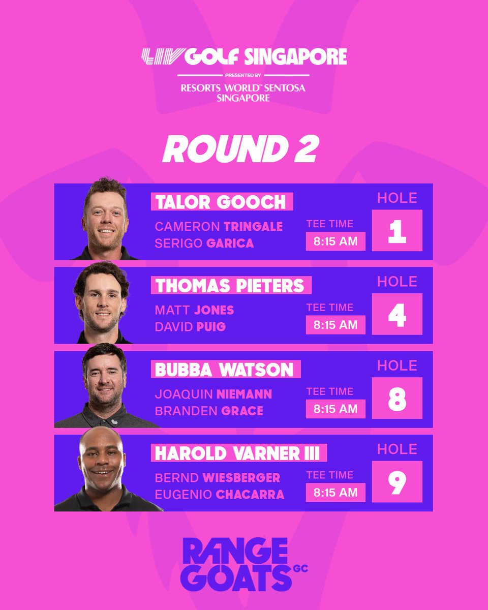 RangeGoatsGC's tweet photo. Pairings for today and @TalorGooch round from yesterday. #heisonfire #LIVGolfSingapore #RangeGoatsGC #goatgang #goochgang https://t.co/JKtigz0lN9