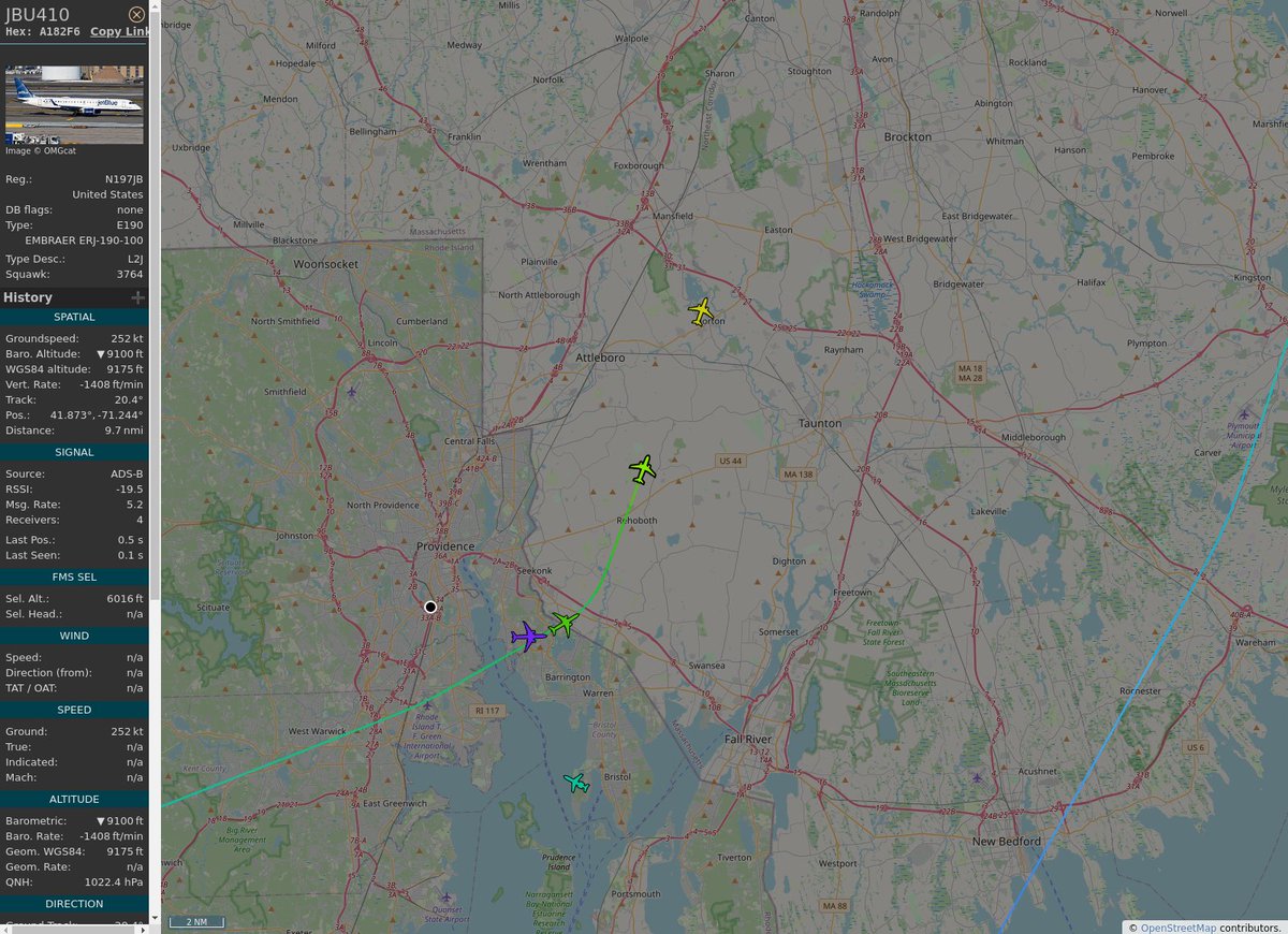 RI_Aircraft's tweet image. #KBOS / #KPVD - #JBU410 (ERJ 190-100 IGW E190) JetBlue Airways @ 13425 ft and 28.8° frm hrzn, heading NE @ 19:10:58 - globe.adsb.lol/?icao=A182F6 #adsb #AnyFlightTracker #rtmladsb #Boston