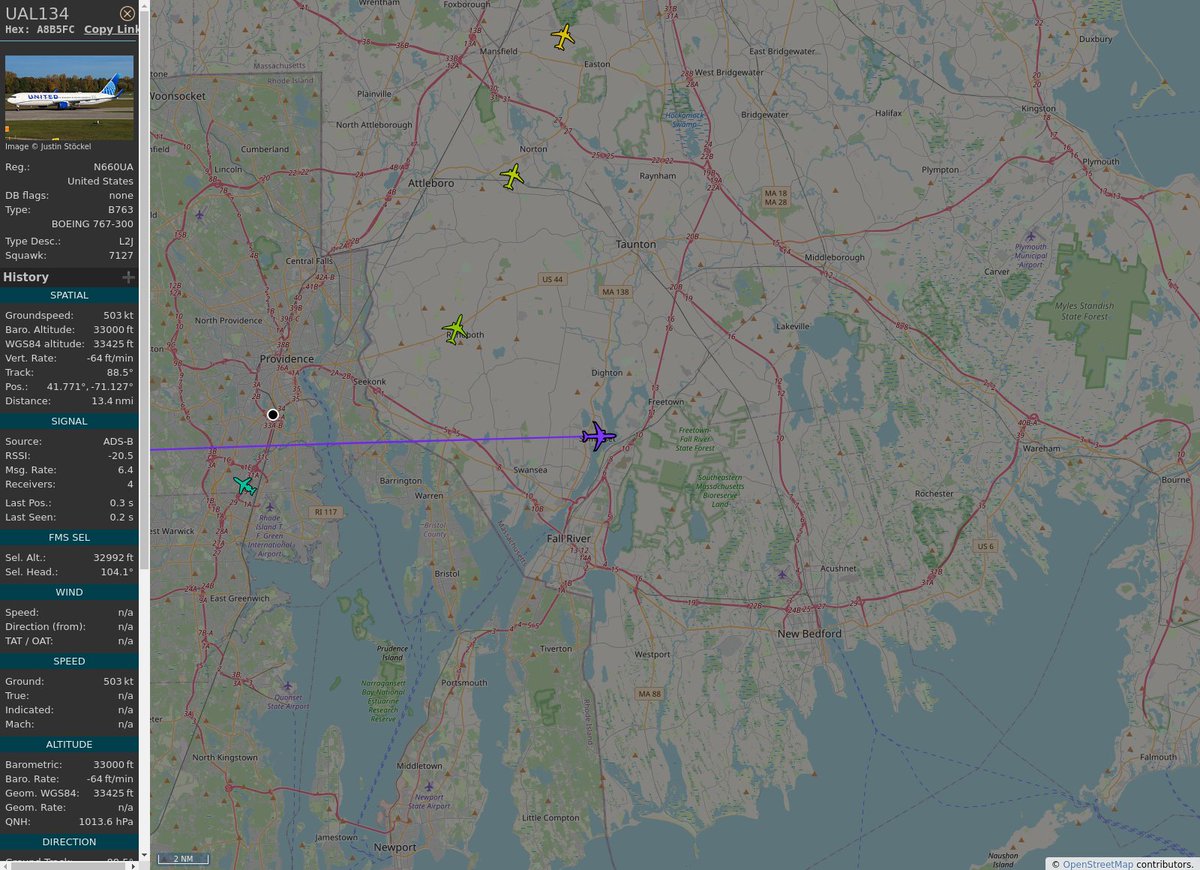 RI_Aircraft's tweet image. #KBOS / #KPVD - #UAL134 (767-322 B763) United Airlines @ 33025 ft and 71.0° frm hrzn, heading E @ 19:13:44 - globe.adsb.lol/?icao=A8B5FC #UpInTheClouds #adsb #AnyFlightTracker #rtmladsb #Boston