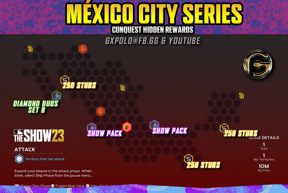 GeovannyPoloG's tweet photo. MEXICO CITY SERIES Conquest Map! 
HIDDEN REWARDS! 🇲🇽📷

#MLBTheShow #MLBTheShow23 #conquestmap https://t.co/F1CHv2CUTA