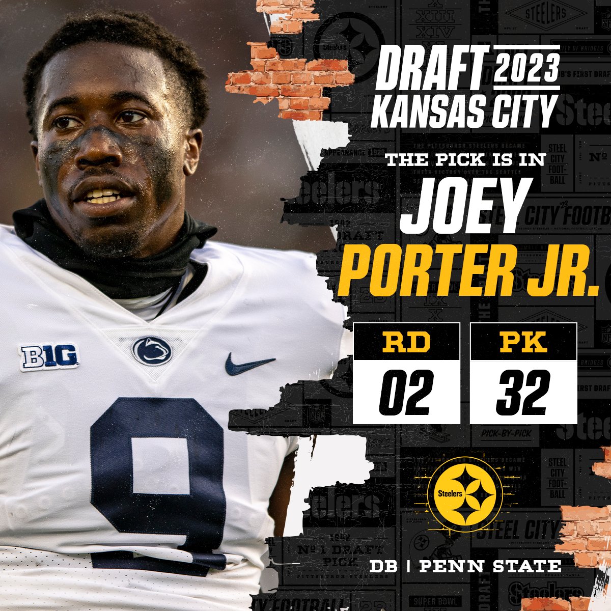 With the No. 32 overall pick in the 2023 <a href="/NFLDraft/">NFL Draft</a>, the <a href="/steelers/">Pittsburgh Steelers</a> select Joey Porter Jr.! 

📺: 2023 #NFLDraft on NFLN/ESPN/ABC
📱: Stream on NFL+ bit.ly/3Nk9PrV