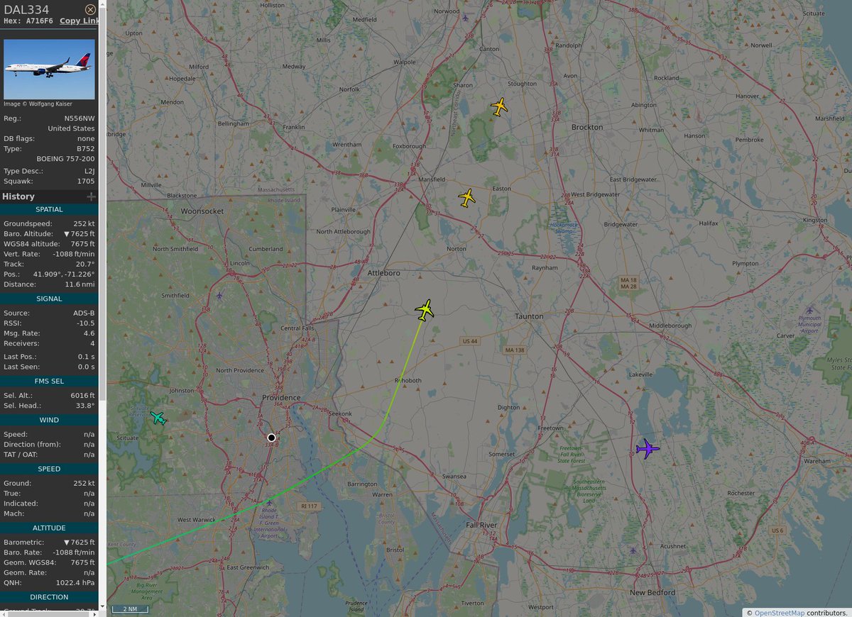 RI_Aircraft's tweet image. #KBOS / #KPVD - #DAL334 (757-251 B752) Delta Air Lines @ 10250 ft and 28.6° frm hrzn, heading NE @ 19:13:44 - globe.adsb.lol/?icao=A716F6 #adsb #AnyFlightTracker #rtmladsb #Boston