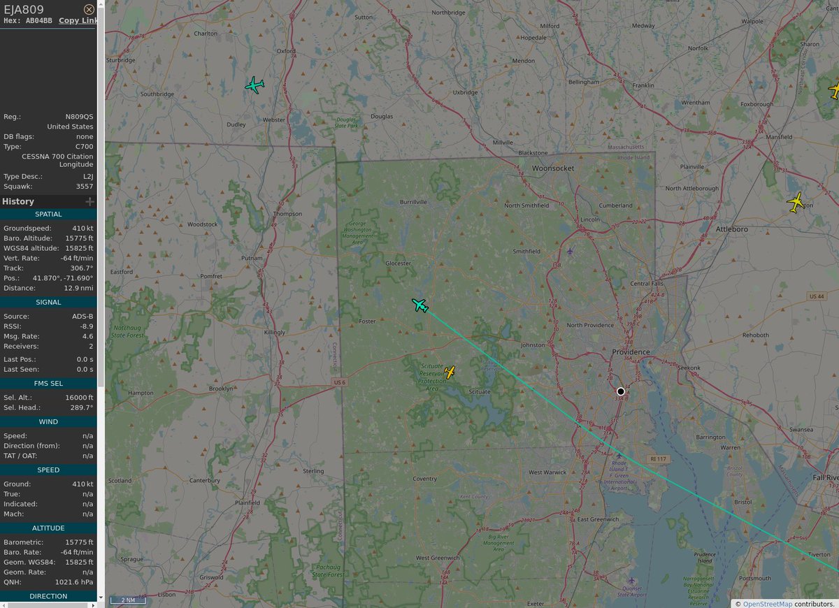 RI_Aircraft's tweet image. #KBOS / #KPVD - #EJA809 (700 C700) NetJets @ 15775 ft and 25.7° frm hrzn, heading NW @ 19:14:51 - globe.adsb.lol/?icao=AB04BB #adsb #AnyFlightTracker #rtmladsb #Boston