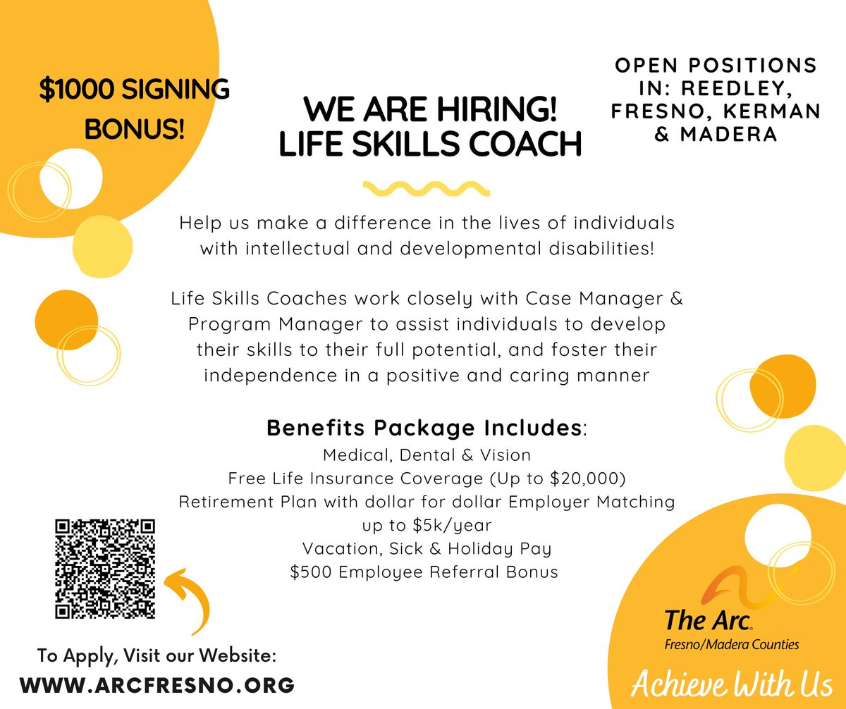 We are hiring for full-time Life Skills Coaches at ALL of our locations! If you are interested in assisting and supervising adults with intellectual disabilities, then The Arc is where you want to be! Please visit our website to apply or scan the QR code: arcfresno.org/employment/