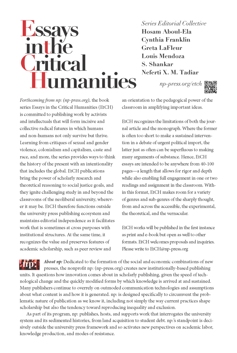 sshankarwriter's tweet photo. New book series aimed at social justice that functions inside/outside the university knowledge system. Proud to be working with Hosam Aboul-Ela, Cindy Franklin, Greta LaFleur, Louis Mendoza and Neferti Tadiar! May I ask you share? We want to hear from you at etch@np-press.org. https://t.co/RaheWHwPoi