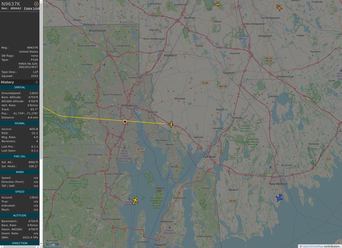 RI_Aircraft's tweet image. #KBOS / #KPVD - #N9637K (PA-32R-300 P32R) Unknown Operator @ 4750 ft and 82.9° frm hrzn, heading E @ 19:21:25 - globe.adsb.lol/?icao=AD6AA2 #adsb #AnyFlightTracker #rtmladsb #Boston