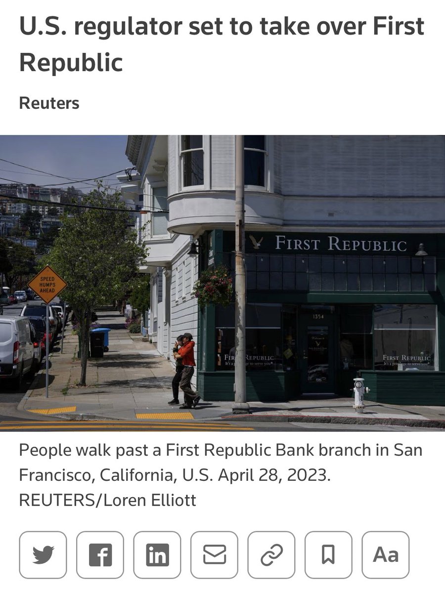 Another one bites the dust. 

What’s interesting about First Republic is it was given time and access to all the emergency lending facilities. It borrowed: 

- $63.5B through the Fed’s discount window 
- $13.8B via BTFP 
- $28B from the Federal Home Loan Bank

And it still died.