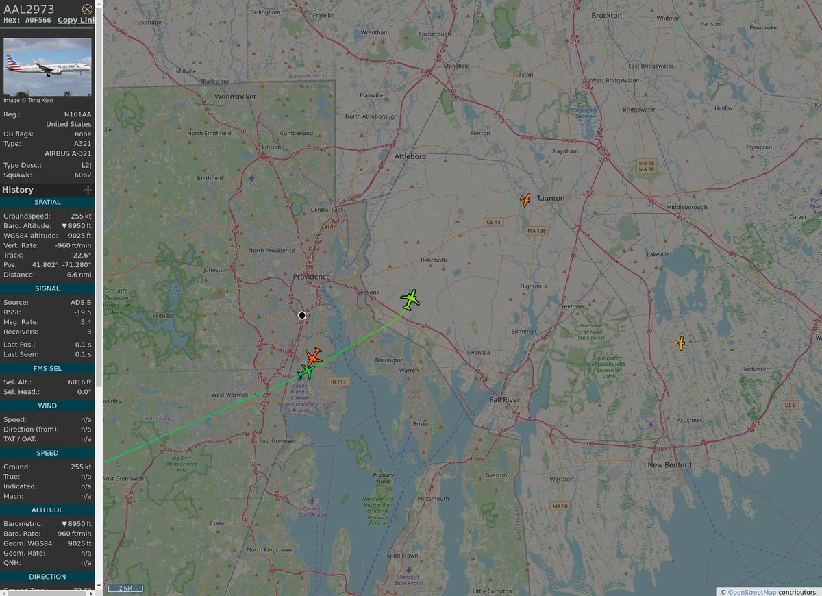 RI_Aircraft's tweet image. #KBOS / #KPVD - #AAL2973 (A321-231 A321) American Airlines @ 10350 ft and 28.9° frm hrzn, heading NE @ 19:29:35 - globe.adsb.lol/?icao=A0F566 #adsb #AnyFlightTracker #rtmladsb #Boston