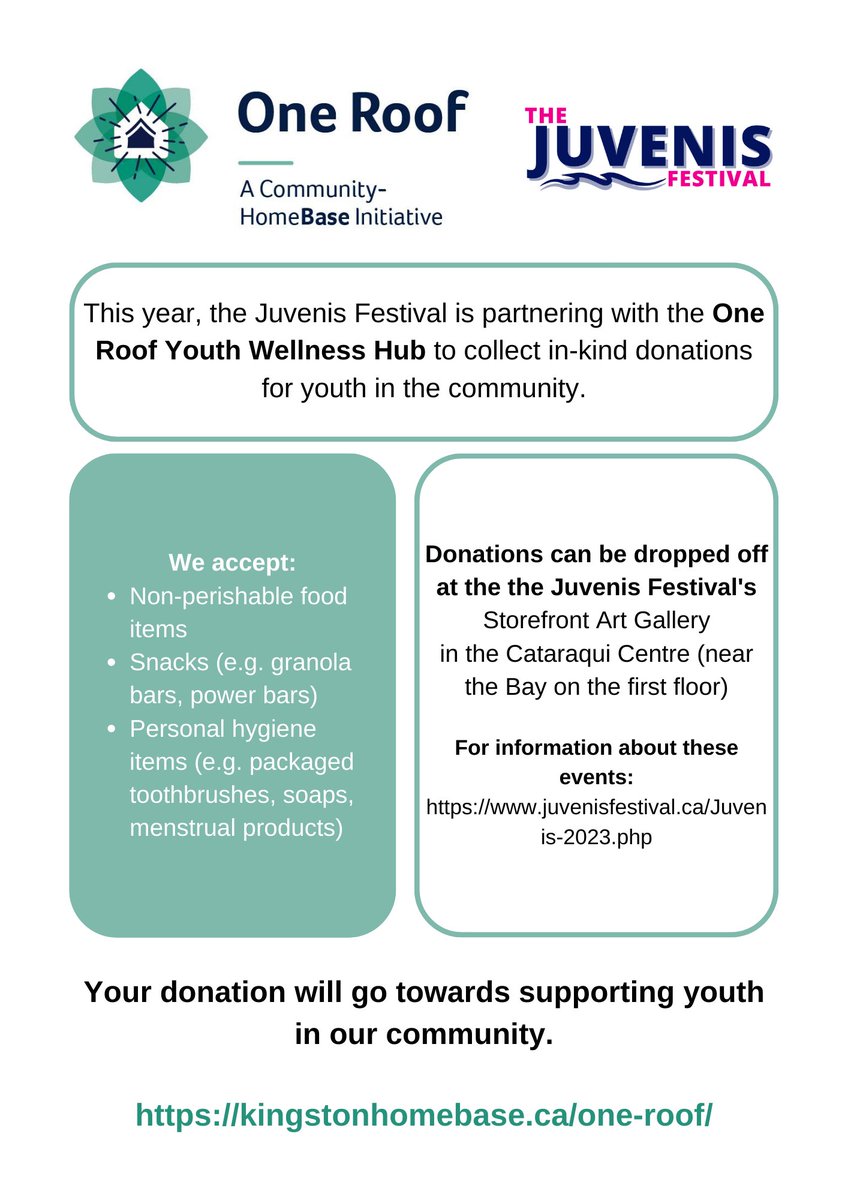 Juvenis Festival (@juvenisfest) on Twitter photo Come by and drop off non-perishable foods (snack foods are always welcome), and personal hygiene items at the Storefront Art Gallery in the <a href="/CataraquiCentre/">Cataraqui Centre</a> !!
All donated items will go to One Roof Youth Wellness Hub.
#ygkfamily #ygk #kingstonontario #KingstonON #kingston Come by and drop off non-perishable foods (snack foods are always welcome), and personal hygiene items at the Storefront Art Gallery in the <a href="/CataraquiCentre/">Cataraqui Centre</a> !!
All donated items will go to One Roof Youth Wellness Hub.
#ygkfamily #ygk #kingstonontario #KingstonON #kingston