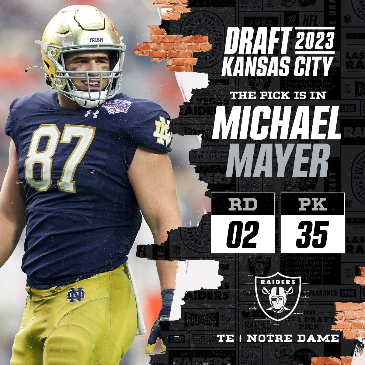 With the No. 35 overall pick in the 2023 <a href="/NFLDraft/">NFL Draft</a>, the <a href="/Raiders/">Las Vegas Raiders</a> select Michael Mayer! 

📺: 2023 #NFLDraft on NFLN/ESPN/ABC
📱: Stream on NFL+ bit.ly/3Nk9PrV