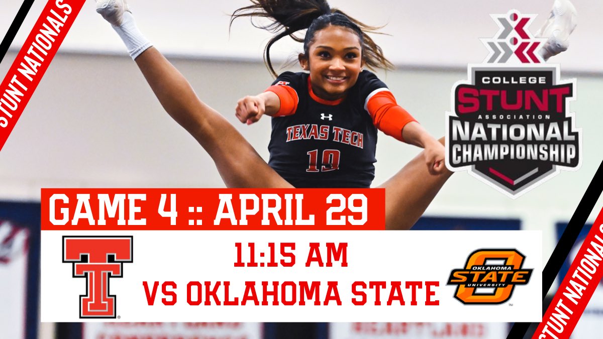🎟️ Game 4 // Semi-Final Game 
📆 Saturday, April 29
⏰ 11:15 AM 
📍 UT-Dallas Activities Center 
🆚 Oklahoma State 
💻 flosports.link/4198986
#STUNT #nationals