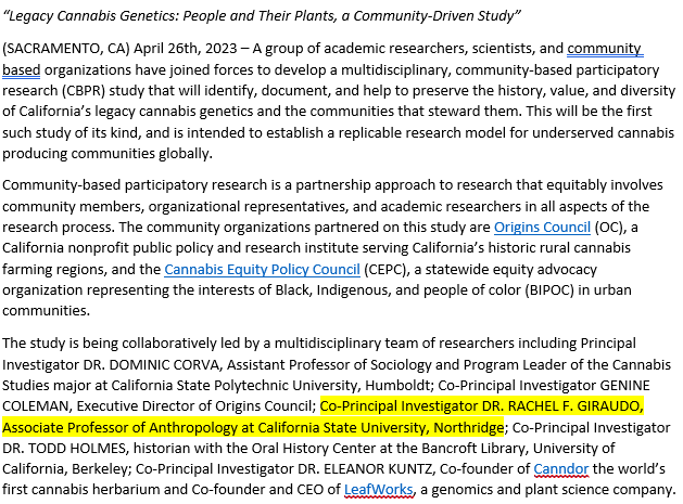 AnthroCSUN's tweet photo. Dr. Giraudo is Co-PI of a study that will identify and help to preserve the diversity of California's legacy cannabis genetics and the communities that steward them. Her team was awarded a $2.7M research grant by The CA DCC. Congratulations, Dr. Giraudo! Article link in bio! https://t.co/Jzropsw6mi