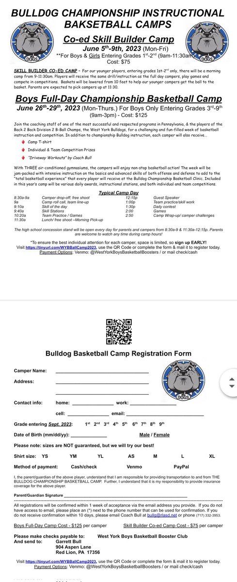 🏀 It's that time of the year...basketball camp!!! See the picture for more information and click the link below for the form. Venmo is West YorkBoysBasketballBoosters or make checks out to West York Boys Basketball Boosters.🏀

tinyurl.com/WYBBallCamp2023
