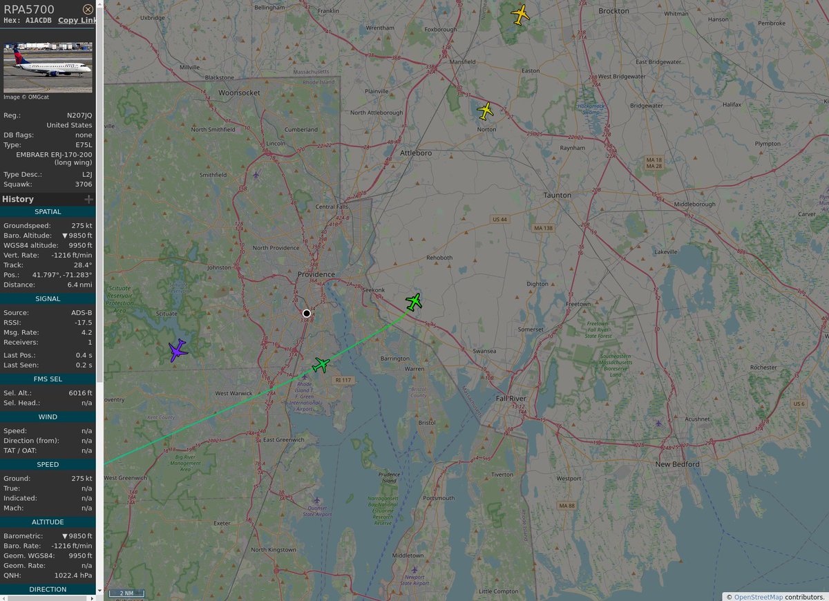 RI_Aircraft's tweet image. #KBOS / #KPVD - #RPA5700 (ERJ 170-200 LR E75L) Delta Connection @ 11450 ft and 31.8° frm hrzn, heading NE @ 19:34:12 - globe.adsb.lol/?icao=A1ACDB #adsb #AnyFlightTracker #rtmladsb #Boston