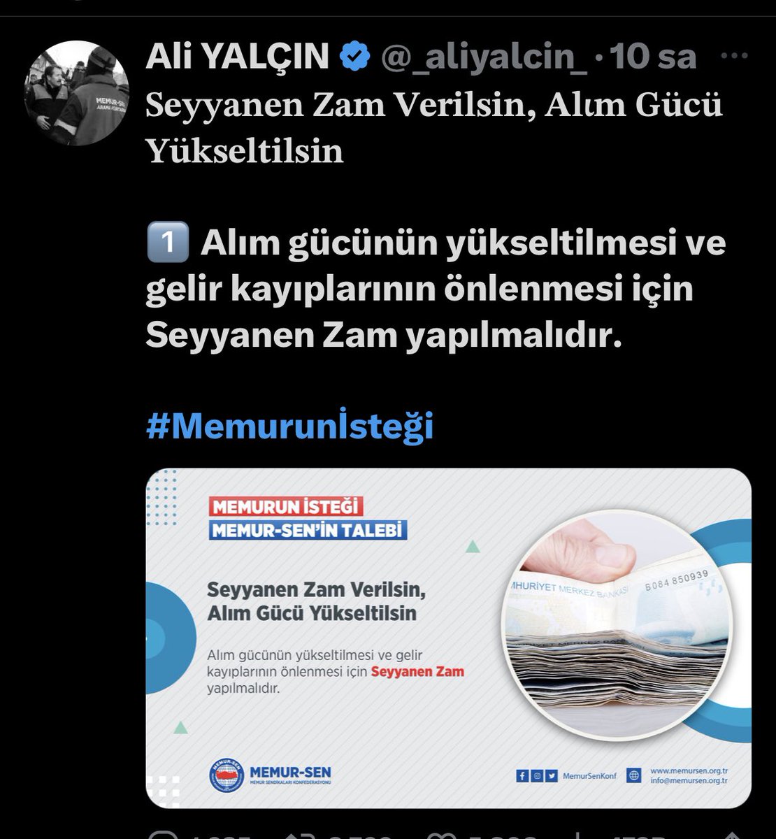 ErcanSeki's tweet photo. Memura 1 Mayıs’ta ‘seyyanen zam’ bekleniyor… diye yazmıştım 24 Nisan’da

5 gün sonra @MemurSenKonf Başkanı @_aliyalcin_ da ‘seyyanen zam’ bekliyoruz diye tweet attı bugün

Hadi bakalım #MemuraEkZam 
İnşallah👇 https://t.co/I2JZQBVaAU