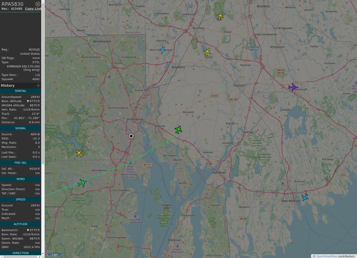 RI_Aircraft's tweet image. #KBOS / #KPVD - #RPA5830 (ERJ 170-200 LR E75L) Delta Air Lines @ 11000 ft and 28.0° frm hrzn, heading NE @ 19:38:38 - globe.adsb.lol/?icao=A2348D #adsb #AnyFlightTracker #rtmladsb #Boston