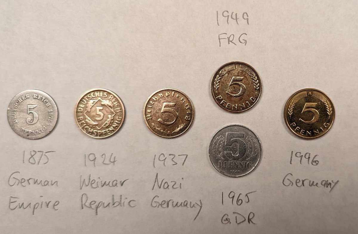 German 5 Pfennig coins through the ages... My great-grandparents would have used these in their lifetimes (except perhaps for the newest). 
Curiously, it was the 1930s design that lived on in West Germany (slightly updated), and then unified Germany right until the Euro.