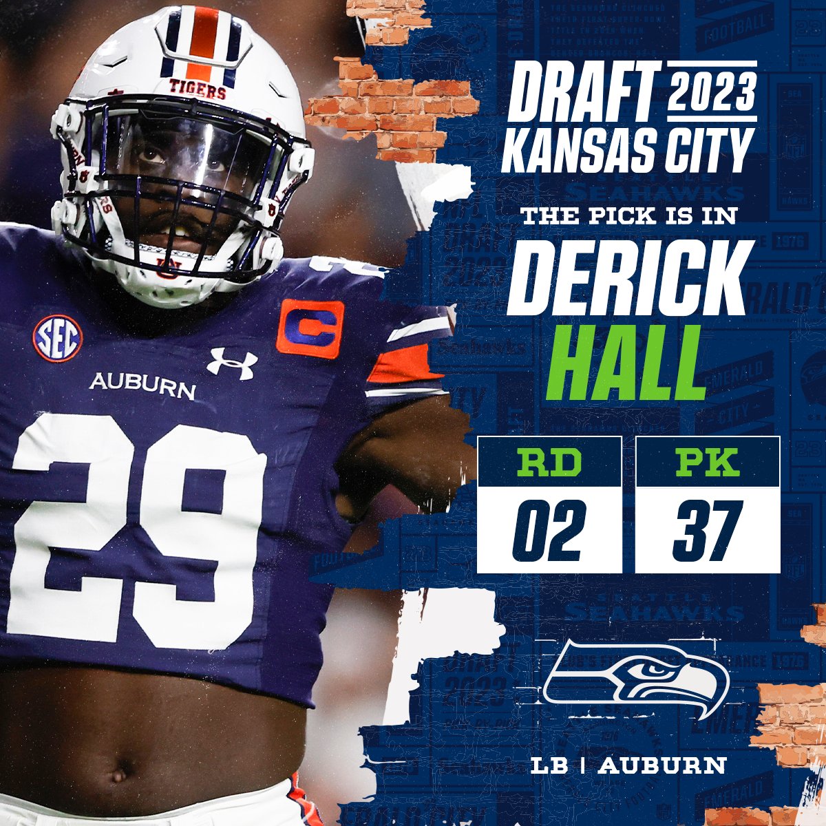 With the No. 37 overall pick in the 2023 <a href="/NFLDraft/">NFL Draft</a>, the <a href="/Seahawks/">Seattle Seahawks</a> select Derick Hall!
 
📺: 2023 #NFLDraft on NFLN/ESPN/ABC
📱: Stream on NFL+ bit.ly/3Nk9PrV