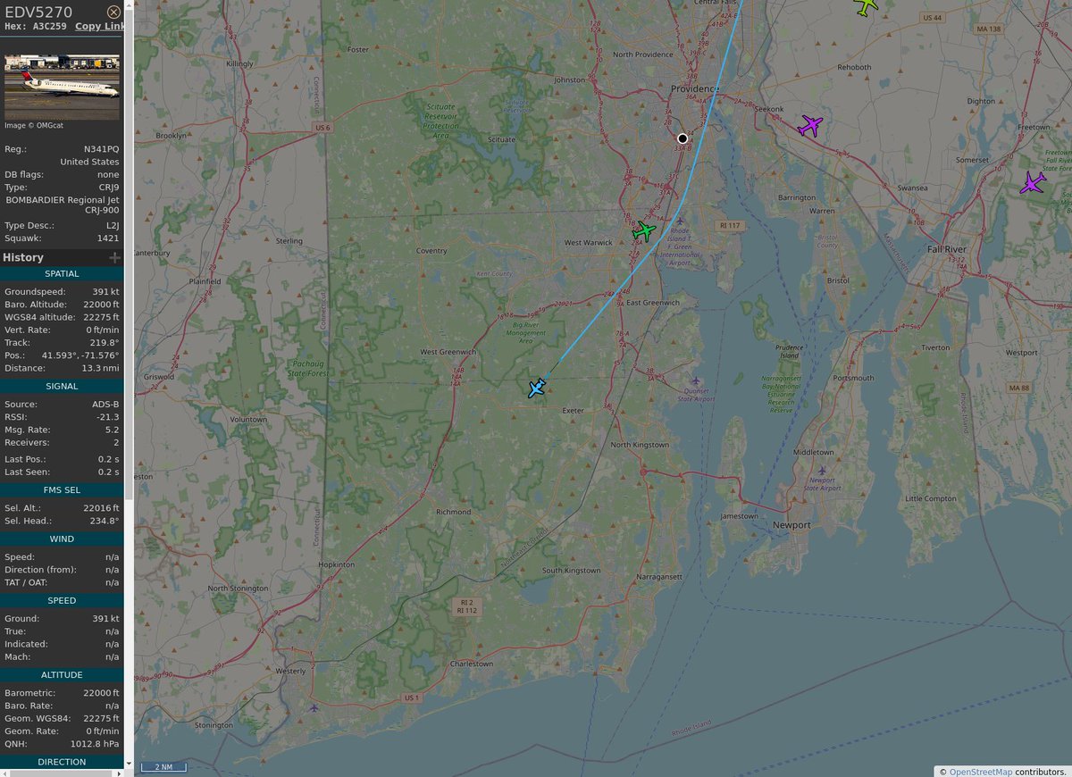 RI_Aircraft's tweet image. #KBOS / #KPVD - #EDV5270 (CL-600-2D24 CRJ9) Delta Air Lines @ 22000 ft and 75.9° frm hrzn, heading S @ 19:41:31 - globe.adsb.lol/?icao=A3C259 #UpInTheClouds #adsb #AnyFlightTracker #rtmladsb #Boston