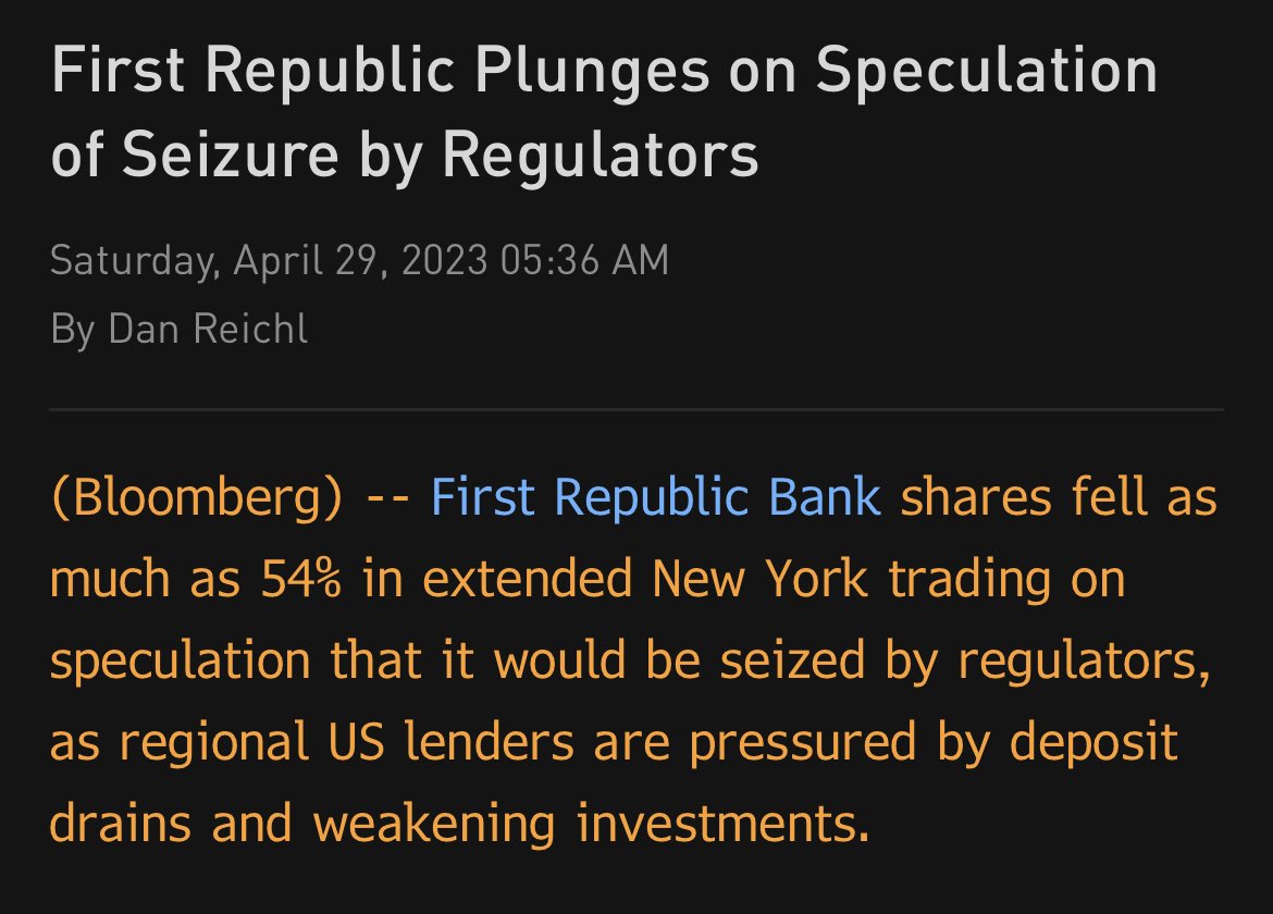 CryptoHayes's tweet photo. With that bloomie headline your bank is opening Monday under different mgmt.
$FRC problem, no #banktermfundingprogram eligible collateral.
Look for the Fed to fix that issue by backstopping a larger slice of US bank balance sheets.
Money printer go brrr
$BTC = $1mm https://t.co/VTSViDeBeP