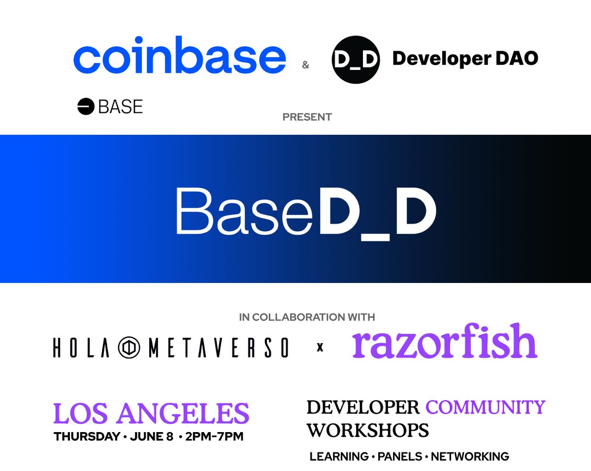 holametaverso's tweet photo. Los Angeles, join us during LA Tech Week! ๐@coinbase @BuildOnBase @developer_dao @Razorfish & @holametaverso are bringing you BaseD_D
Connect. Learn. Build.
A developer workshop like no other.
Keep an eye out for details!
#LosAngeles #DeveloperWorkshop #LATechWeek https://t.co/zMlAYJ7MaI