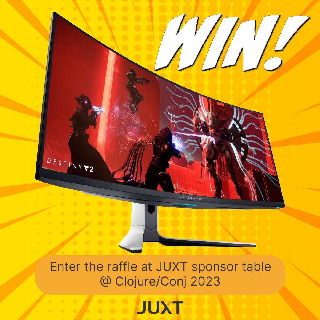 juxtpro's tweet image. ... And the winner of the Raffle we held at @clojure_conj is... *🥁drum roll please🥁* Yiannis Nicolaou! 🎉
Congrats, Yiannis, on winning this sweet Alienware 34" curved QD-OLED gaming monitor!
We'll be in touch next week to sort out shipping 🚚
#clojureconj #clojure_conj