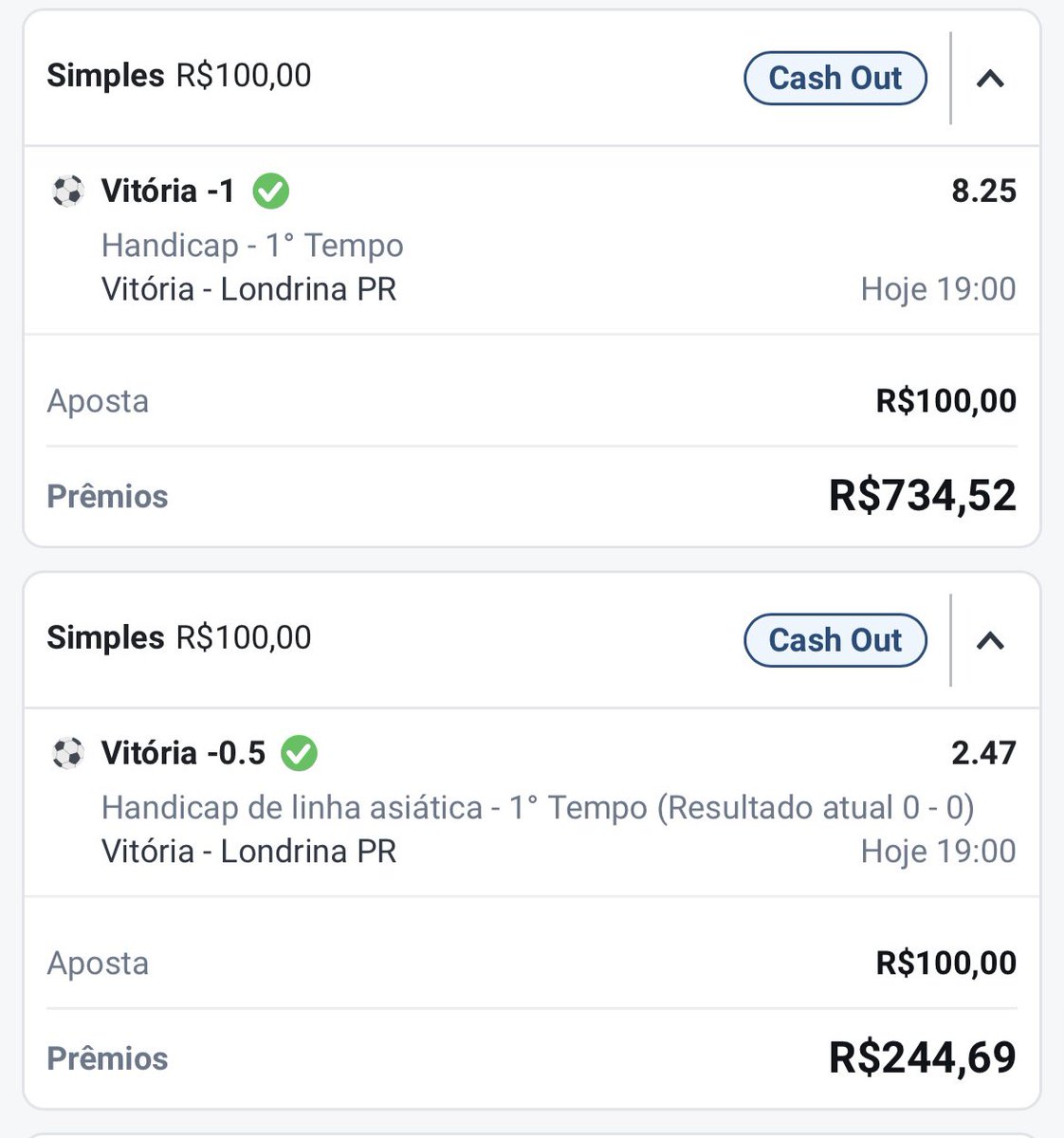 Pegamos 2 linhas excelentes no jogo do Vitoria.
-1 europeu HT para o Vitoria a 8,25$ não deixamos passar✅
-0,5 asiático para o Vitória também no HT a 2,47$✅
Linhas com muito valor, dado o cenário do jogo.