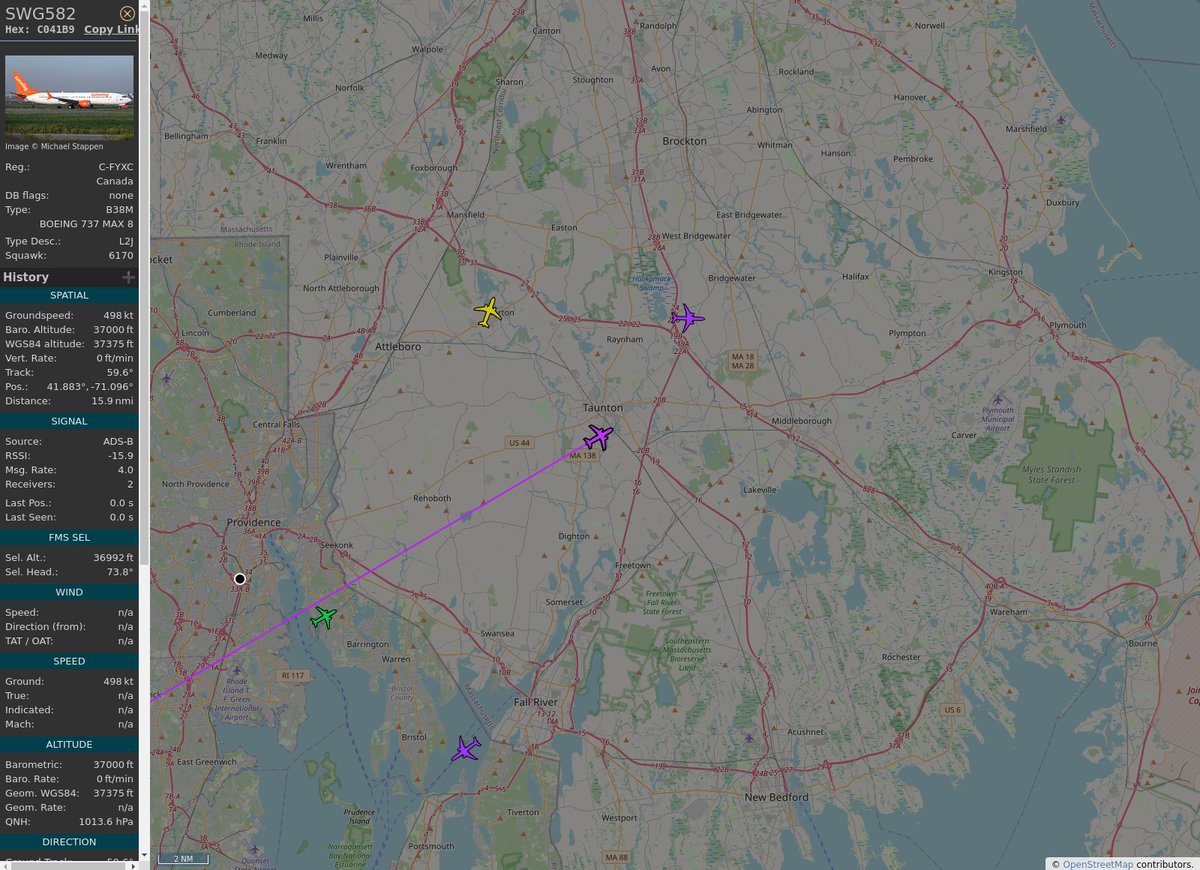 RI_Aircraft's tweet image. #KBOS / #KPVD - #SWG582 ( B38M) Sunwing Airlines @ 37000 ft and 54.5° frm hrzn, heading NE @ 19:43:24 - globe.adsb.lol/?icao=C041B9 #WayTheHeckUpThere #adsb #AnyFlightTracker #rtmladsb #Boston