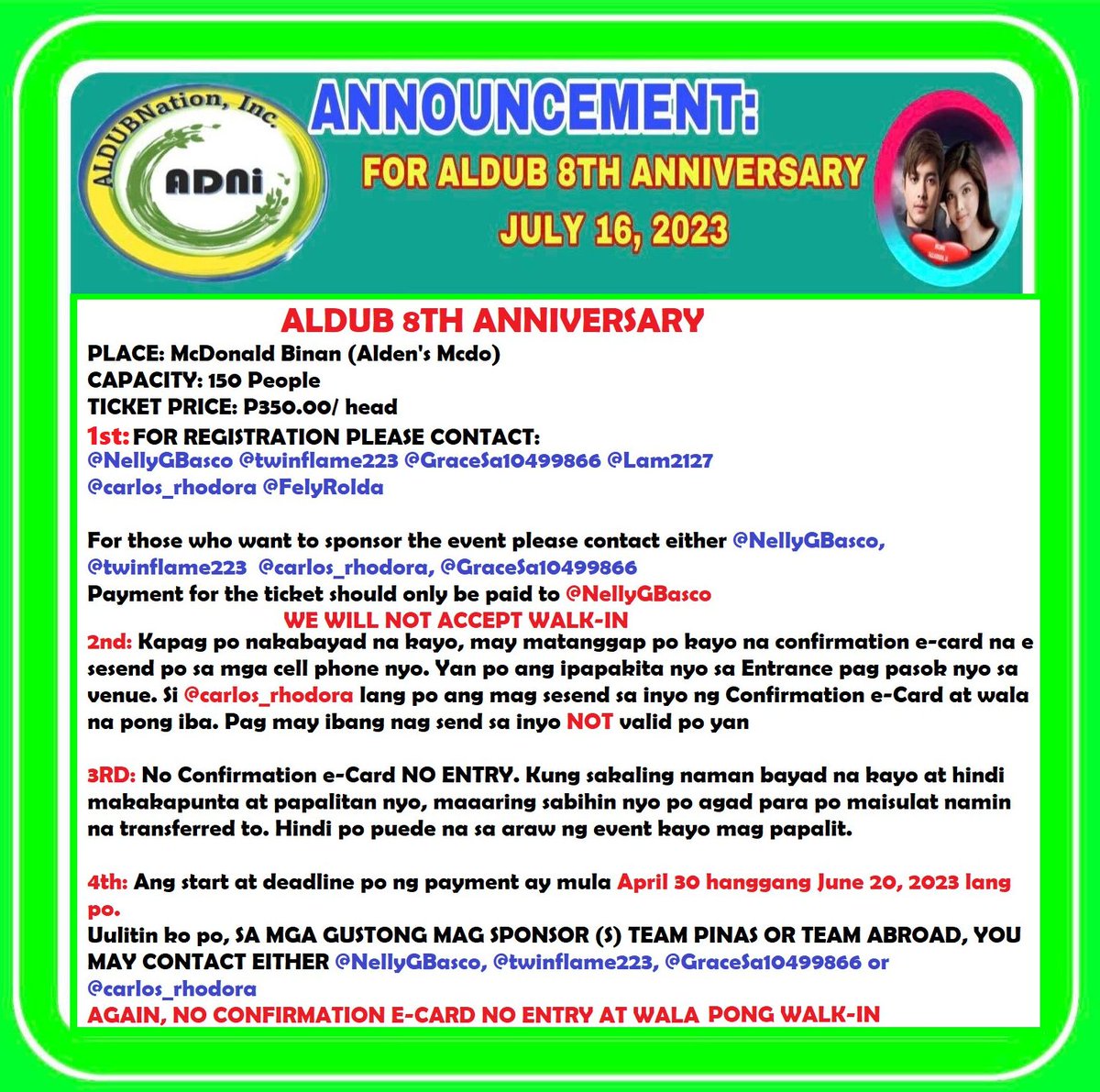 HELLO MGA KA ALDUB. SA JULY 16, 8TH YEAR ANNIVERSARY NA NATIN, FOR THOSE WHO ARE INTERESTED TO ATTEND PAKIBASA NA LANG PO, SALAMAT!
<a href="/MCambsl2/">Mila Cambal 💛💙TBADN💚</a>  @carlos_rhodora <a href="/NellyGBasco/">NellyADN"ALDUB/MAICHARD4EVER"</a> <a href="/Lam2127/">❤️❤️❤️</a> <a href="/FelyRolda/">Fely Rolda</a> <a href="/ashleylaw371/">E.B.A.is Mom Bᴬlᴰubᴺation</a> <a href="/twinflame233/">Twin Flame Australia</a> <a href="/aldenrichards02/">Alden Richards</a> <a href="/MyNameIsTheo011/">My Name Is Theo 01</a> 
#BOYCOTTEBxAPTxGMA780