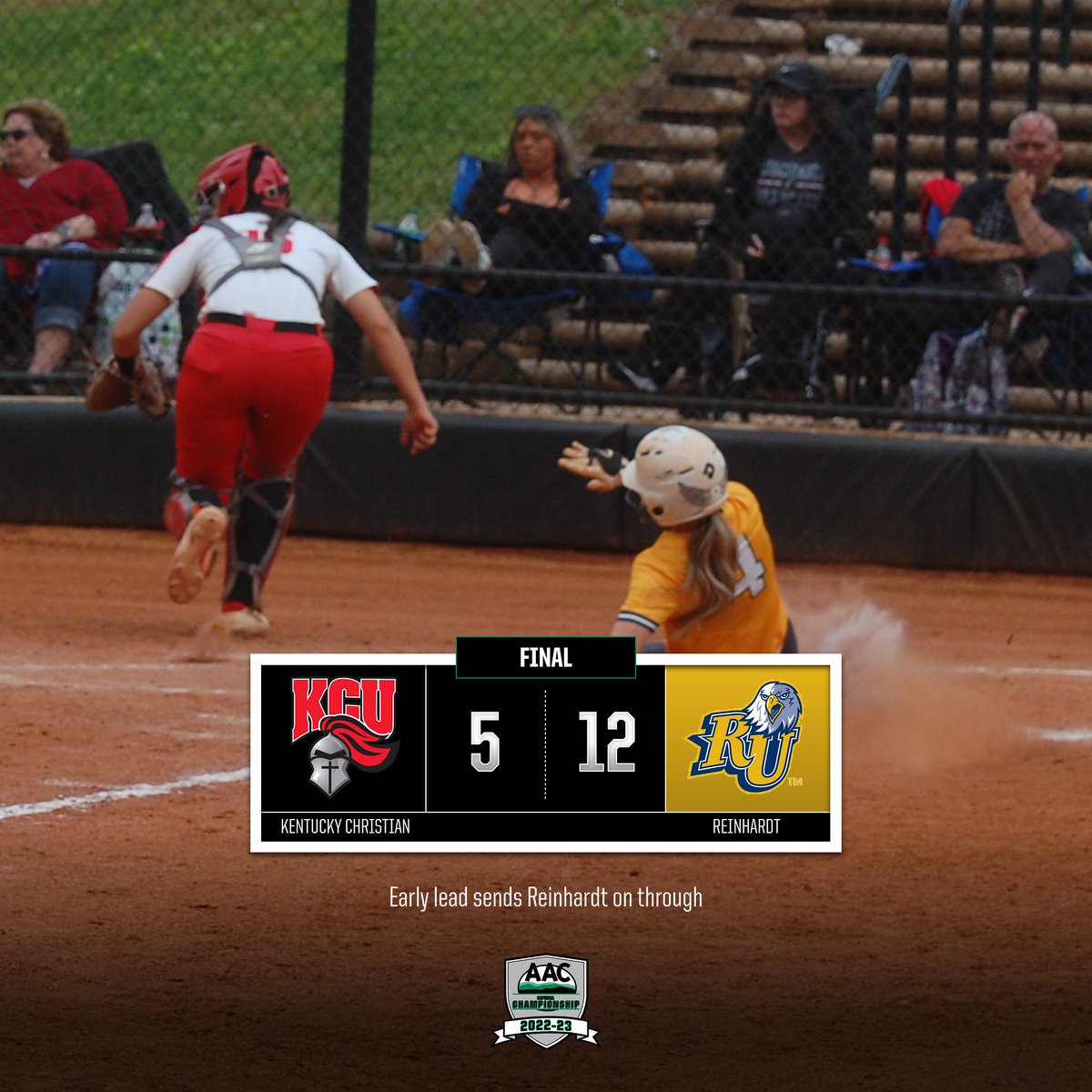 Finally ... 

After a lightning delay in the sixth, <a href="/RU_Eagles/">Reinhardt Athletics</a> puts away <a href="/GoKnightsATH/">KCU Athletics</a> in an #AACSB elimination game.

#NAIASoftball