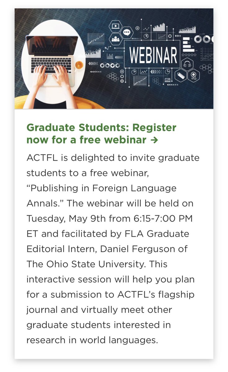 dsfrgsn's tweet photo. Grad students, make sure you don’t miss this free webinar on how to publish in Foreign Language Annals, #ACTFL’s flagship journal! Sign up here: https://t.co/o3sjguIIWN https://t.co/c10NY0jReh