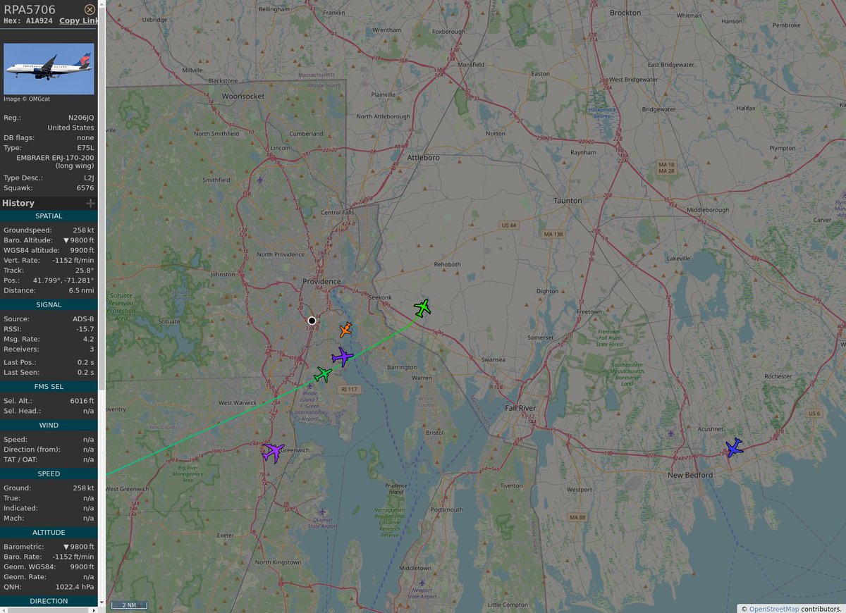 RI_Aircraft's tweet image. #KBOS / #KPVD - #RPA5706 (ERJ 170-200 LR E75L) Delta Connection @ 11400 ft and 31.7° frm hrzn, heading NE @ 19:52:15 - globe.adsb.lol/?icao=A1A924 #adsb #AnyFlightTracker #rtmladsb #Boston