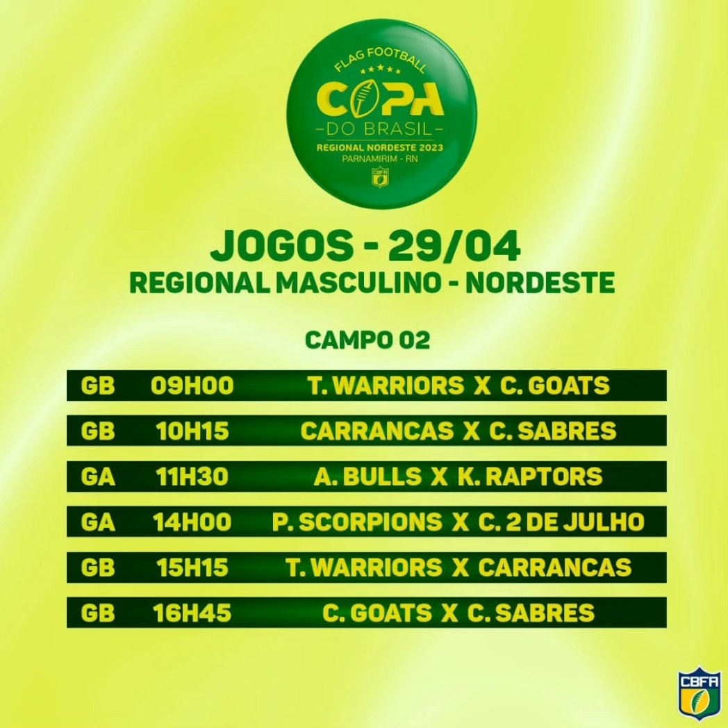 Neste fim de semana vai ter Regional da Copa do Brasil de Flag Football no Nordeste!

Oito equipes vão lutar pelo título e a vaga na Super Final! Quem vai levar a melhor? 

Fique de olho no nosso stories neste fim de semana para ficar por dentro de todos os resultados.