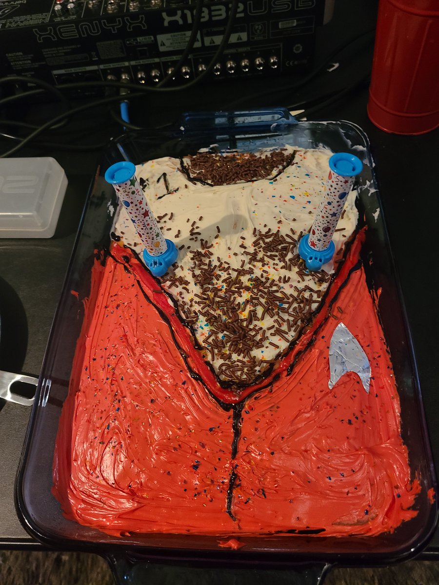 WarpedTrek's tweet photo. In honor of his birthday, the Warped crew made Matt a Riker's Chest cake, complete with sparkly nipples! (We also recorded an episode, but so what. Look at the glory of the cake!) https://t.co/88QcqC9SRm