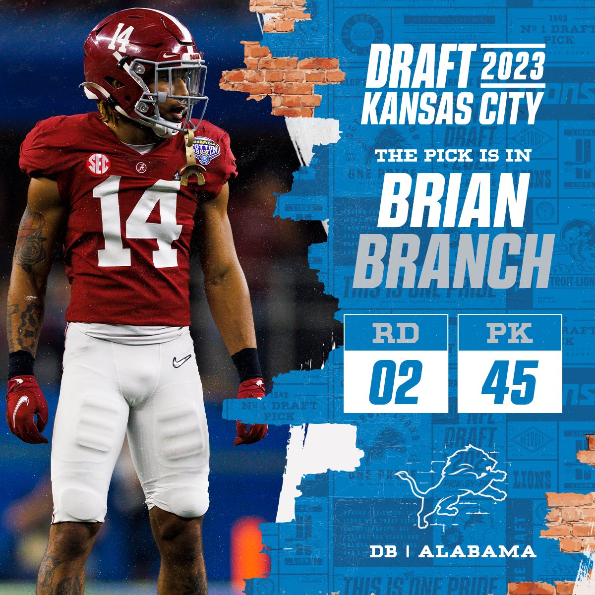 With the No. 45 overall pick in the 2023 @NFLDraft, the @Lions select Brian Branch! 📺: 2023 #NFLDraft on NFLN/ESPN/ABC 📱: Stream on NFL+ bit.ly/3Nk9PrV