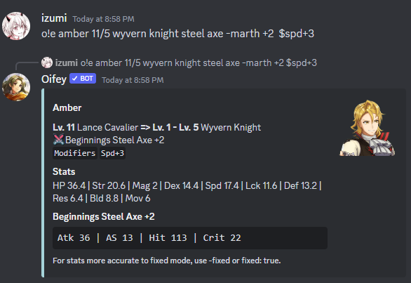 OifeyB's tweet photo. New oifey commands are finally here!
You can now compare units and equip weapons on them for all games!
Modifiers can be applied to units to change their stats, affecting calcs such as hit.
Thread 1/3 https://t.co/GaoP2retAY