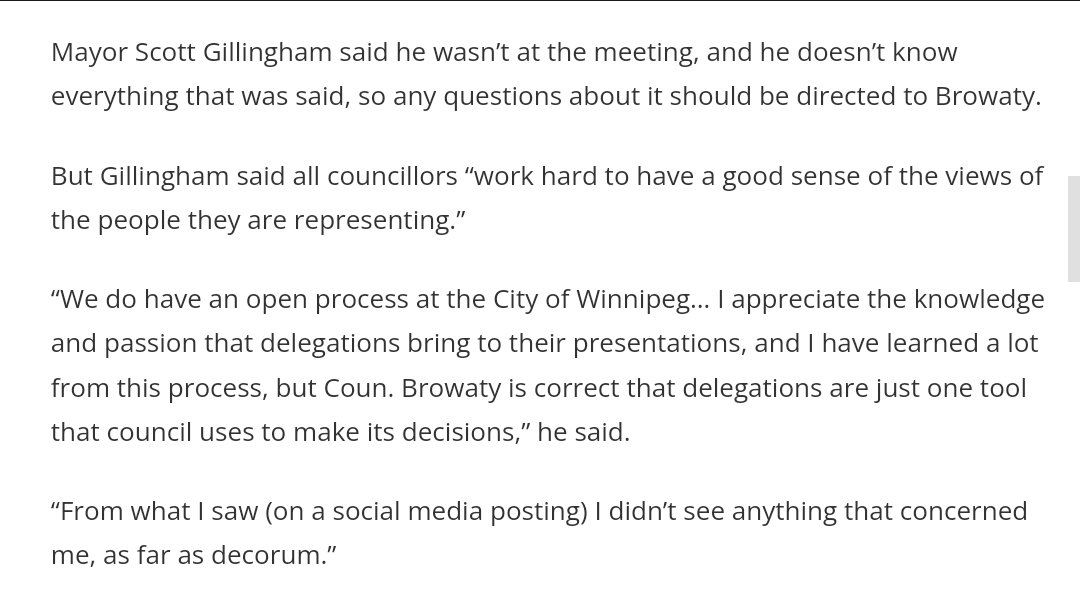 Mayor Gillingham responds to the criticisms of Browaty, 'I didn't see anything that concerned me.' #wpgpoli