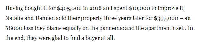 aussiewongm's tweet photo. Making a $8000 loss after living in an apartment for five years isn't *that* bad - given the alternative would've been paying about $150k in rent over the same time just to have a roof over your head. 🤔 https://t.co/77B62s0Phh https://t.co/j4jadrnyVw